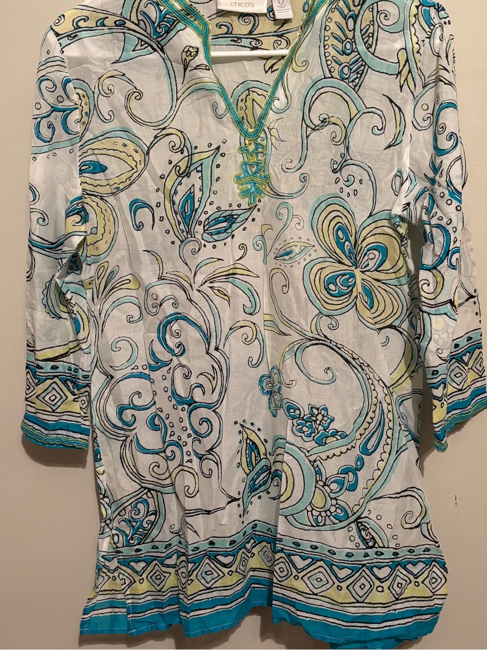 Chico's Turquoise, Lime & Cream Paisley V-Neck Tunic